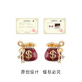 Wine Red Enamel Money Bag Stud Earrings Gold Dollar Sign view 3