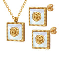 White Shell Camellia Square Pendant Necklace Stud Earrings Set view 5