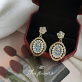 Gold-Tone Blue Rose Pearl Medallion Flower Drop Earrings view 3