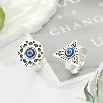 Antique Silver Tone Geometric Blue Evil Eye Adjustable Rings