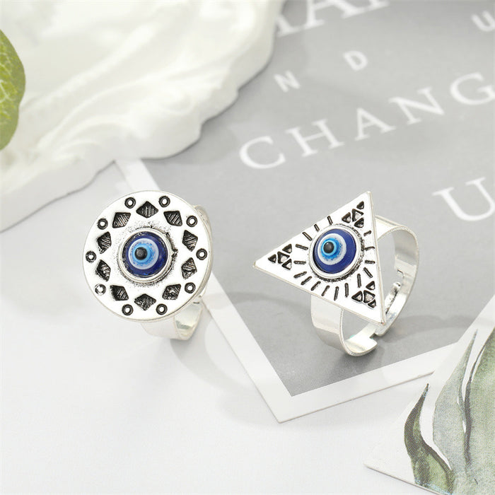 Antique Silver Tone Geometric Blue Evil Eye Adjustable Rings