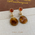 Gold-Tone Amber Resin Disc Drop Earrings Knot Connector view 4