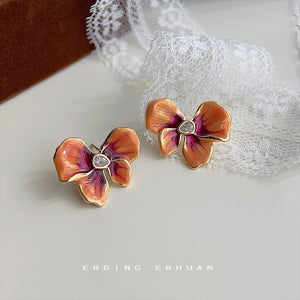 Orange Magenta Enamel Flower Stud Earrings Gold-Tone