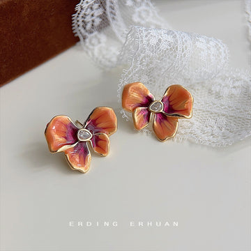 Orange Magenta Enamel Flower Stud Earrings Gold-Tone