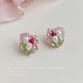 Pink Hammered Stud Earrings Pearl Tulip Red Crystal Pair view 4
