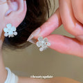 Asymmetric White Flower and Clear Crystal Stud Earrings view 1