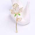 White Rose Stem Brooch with Gold Tone Crystal Edges view 4