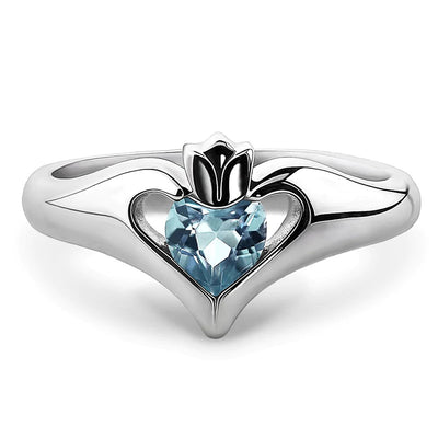 Silver claddagh heart light blue stone ring front studio view