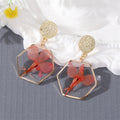 Gold Tone Hexagon Resin Pressed Flower Drop Stud Earrings view 7