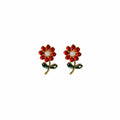 Red Rhinestone Flower Stem Stud Earrings Gold Leaf Accents view 5