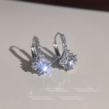 Silver Tone Clear Stone Square Starburst Huggie Hoop Earrings