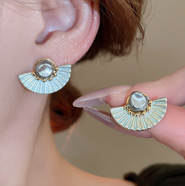 Blue Fan Textured Gold Tone Stud Earrings Statement Jewelry