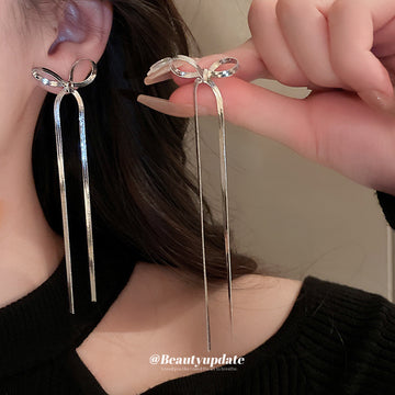Silver Tone Bow and Long Chain Drop Earrings Decorative Jewelry