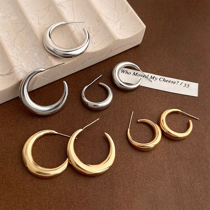 Smooth Thick Crescent Hoop Stud Earrings Gold Silver