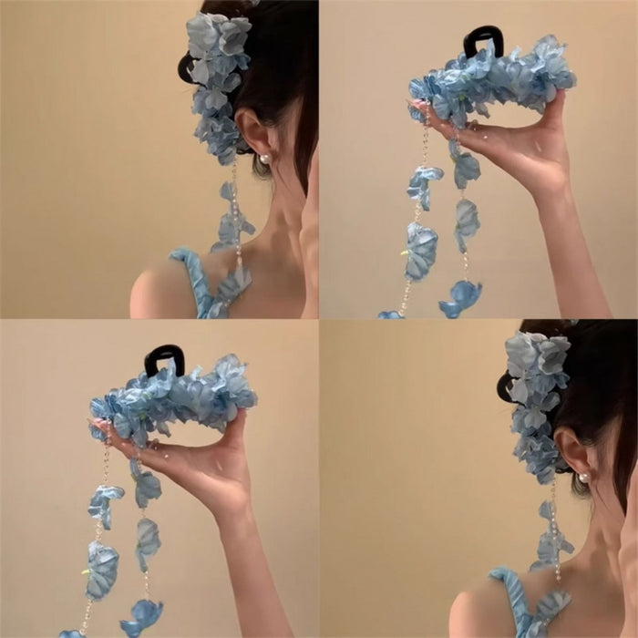 Red Or Blue Fabric Flower Hair Claw With Long Petal Chain Tassels