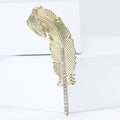 Rhinestone Feather Brooch Textured Metal Silver Gold view 2