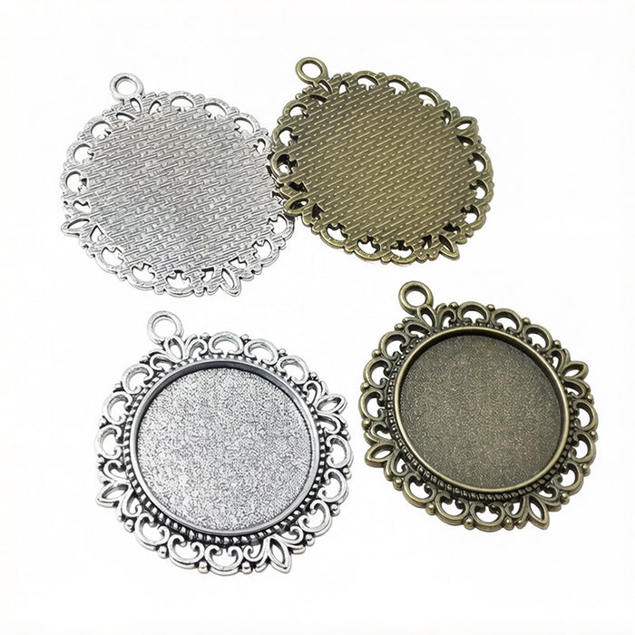 Round Floral Edge Pendant Trays in Antique Bronze and Silver
