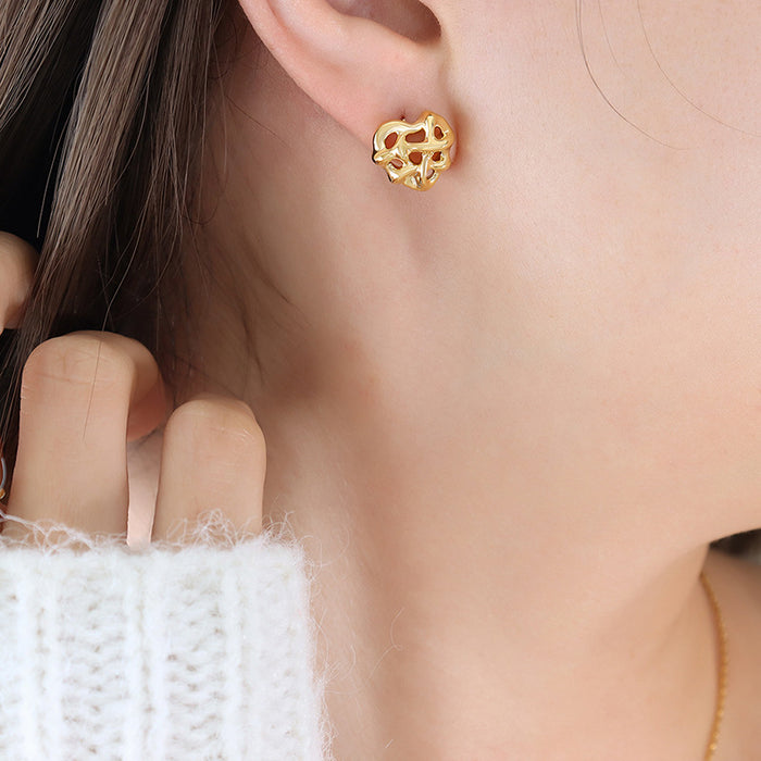 Intertwined Heart Pendant Necklace Stud Earrings Gold Steel