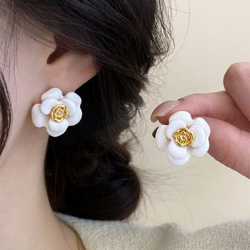 White Flower Stud Earrings with Crystal Centers with Crystal Accents