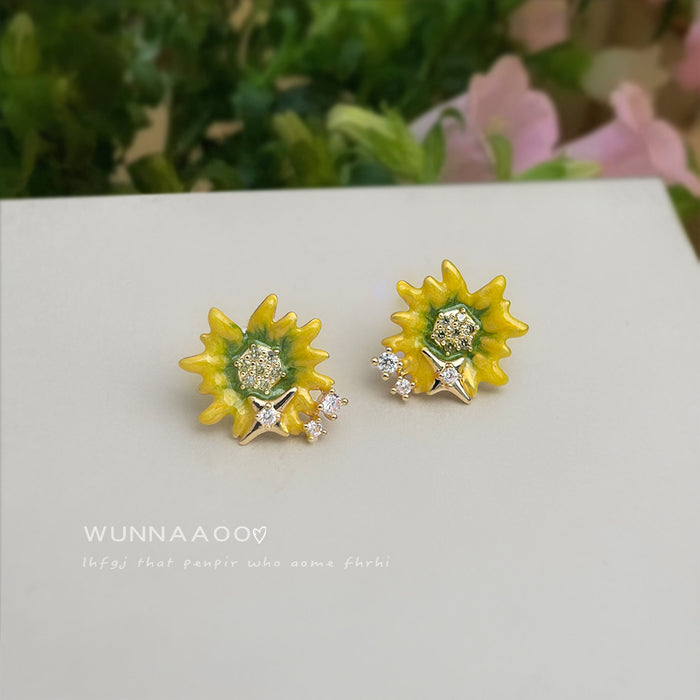 Yellow Enamel Sunflower Stud Earrings Gold Star Crystals