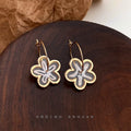 Gold Thin Hoop Cream Swirl Enamel Flower Charm Earrings view 4