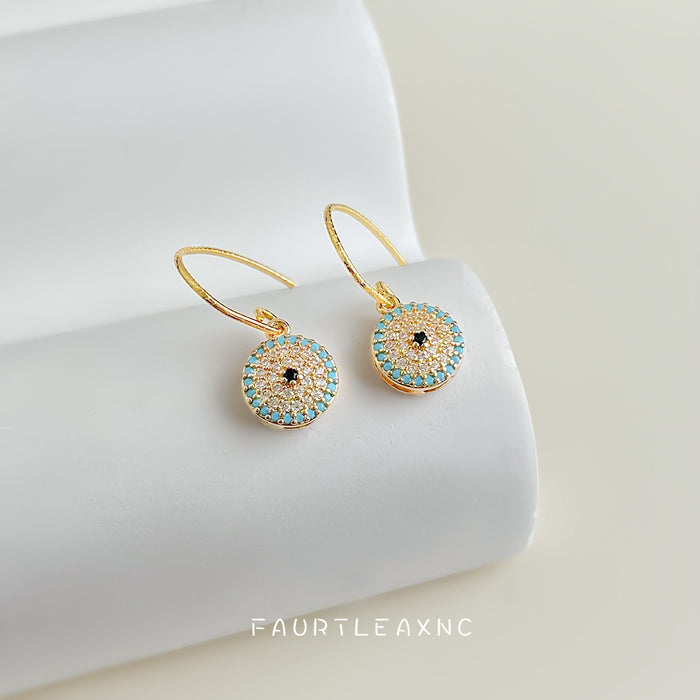 Gold Evil Eye Round Drop Earrings Turquoise Crystal Halo