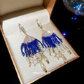 Blue Beaded Fringe Teardrop Hook Earrings with Clear Stones view 3