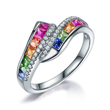 Silver Tone Rainbow CZ Bypass Ring Multicolor Squares
