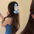Purple White Fabric Flower Hair Claw With Mismatched Blue Gallery view 1