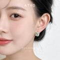 Silver Tone Pale Yellow Cushion Stone Clear Halo Stud Earrings view 2