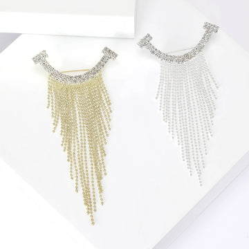 Long Crystal Chain Fringe Brooch in Gold or Silver Tone