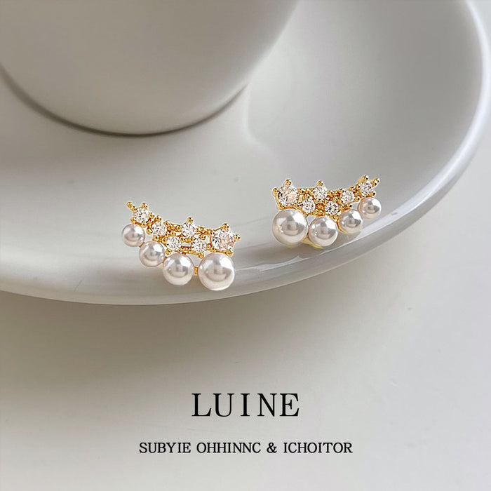 Gold Curved Pearl Clear Crystal Cluster Stud Earrings