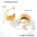 Ribbed Crescent Stud Earrings Gold Or Steel Pearl Or Black Agate view 6