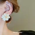 Ivory Layered Flower Stud Earrings with Gold Centers view 3
