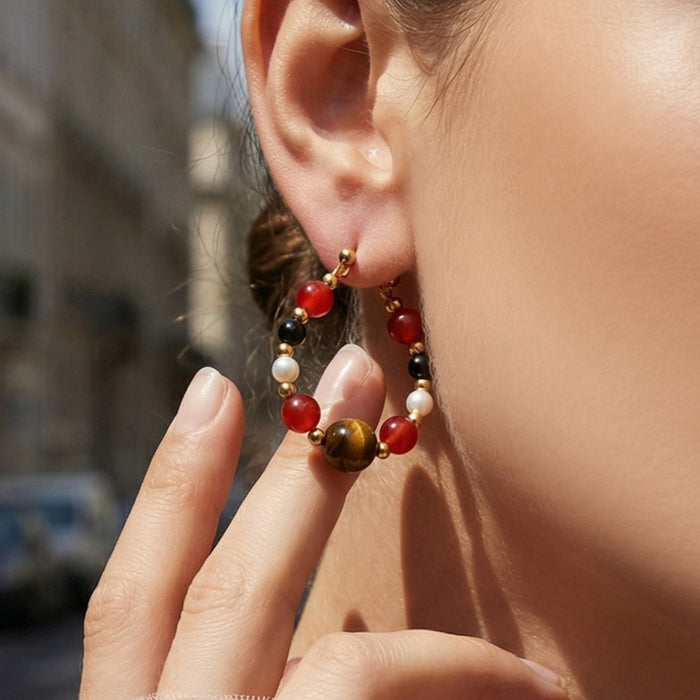 Tiger Eye and Color Stone Hoop Earrings in Four Variants