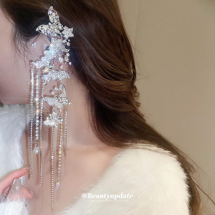 Silver Tone Butterfly Crystal Ear Jewelry with Long Fringe