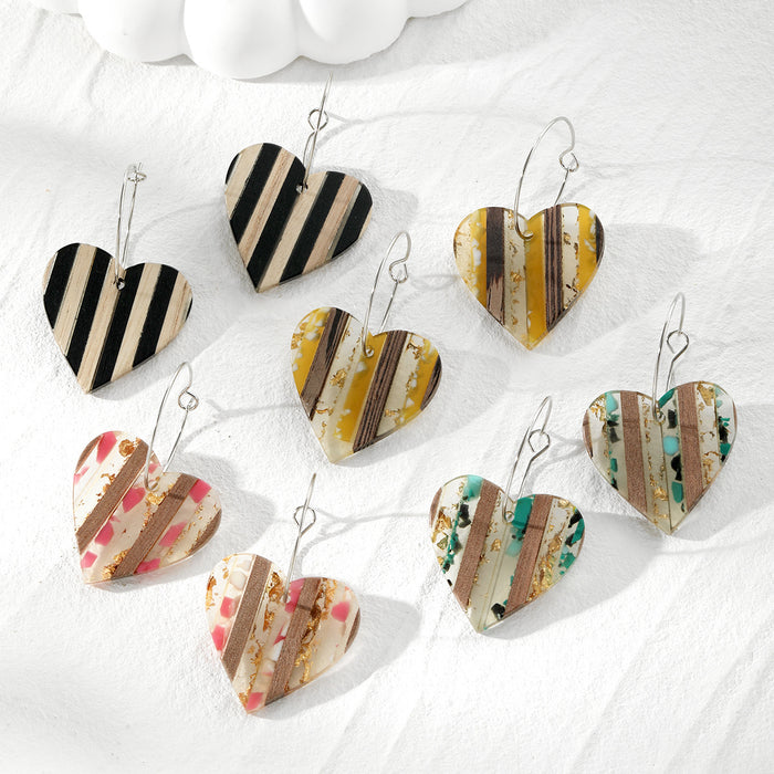 Striped Wood and Resin Heart Hoop Earrings in Four Colors