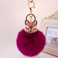 Pearl-Beaded Rhinestone Fox Head Fluffy Pom Pom Keychain with Lobster Clasp view 2