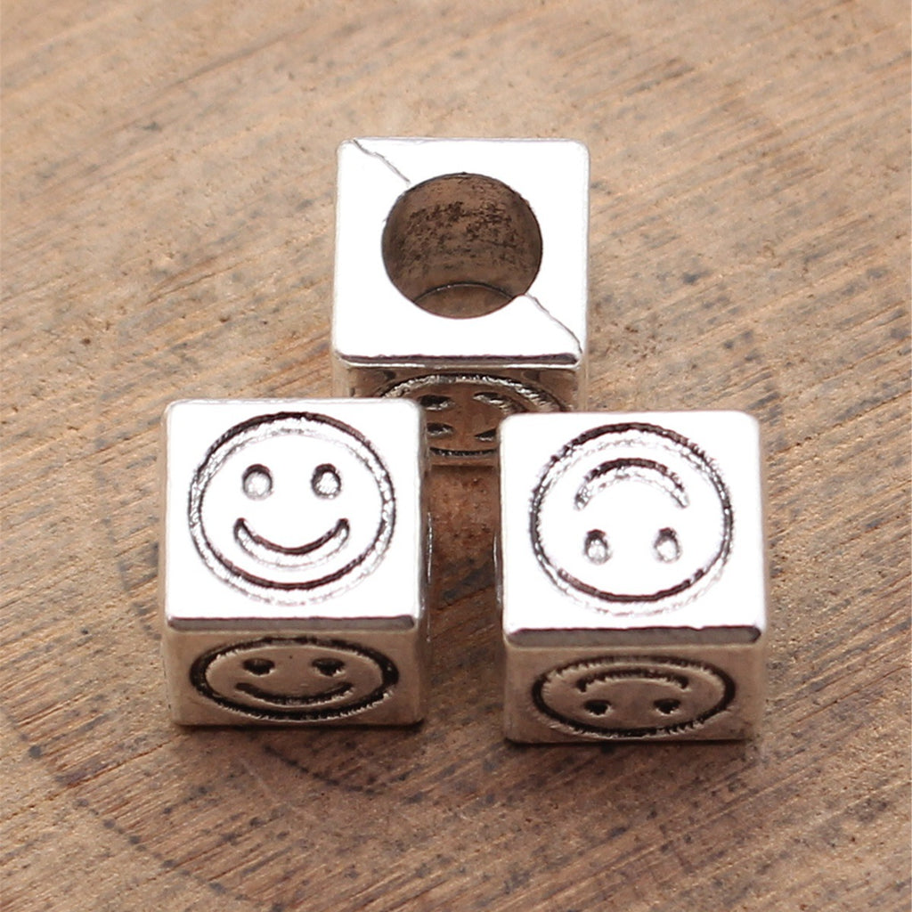 8.3x7.7x7.7mm 2.1g Antique Silver Zinc Alloy Square Four-Sided Smiley Face Large Hole Beads for Bracelet DIY