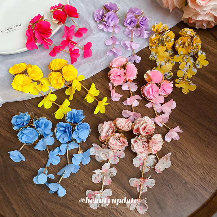 Colorful Fabric Rose Long Drop Stud Earrings Fashion Jewelry