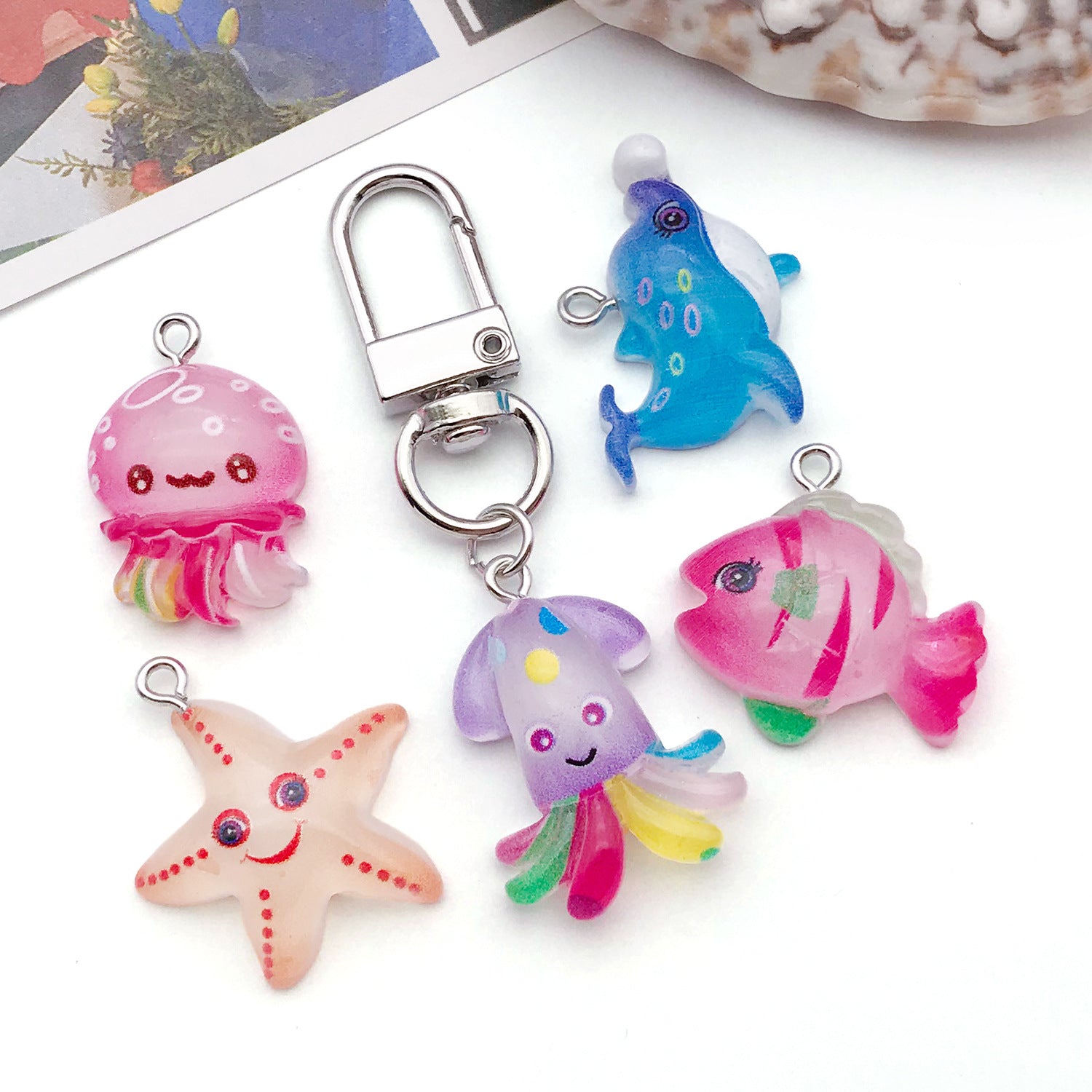 Resin Cartoon Jellyfish Octopus Starfish Crab charm pendants for DIY necklace keychain
