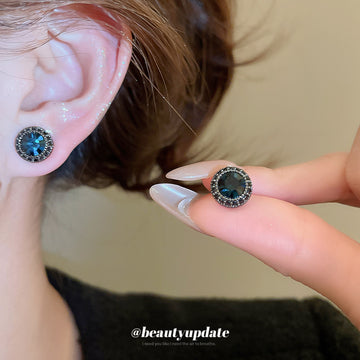 Deep Blue Round Crystal Stud Earrings With Dark Halo