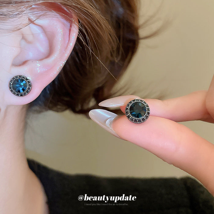 Deep Blue Round Crystal Stud Earrings With Dark Halo