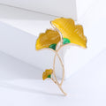 Yellow Ginkgo Leaf Stem Brooch With Open Gold Tone Curves view 2