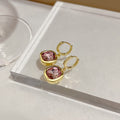 Gold Cushion Purple Crystal Drop Huggie Hoop Earrings view 3