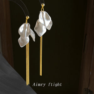 Gold-Tone Brass Drop Earrings with White Petals and Chain Tassels