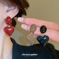 Glossy Red Double Heart Drop Stud Earrings with Gold Tone Trim view 1