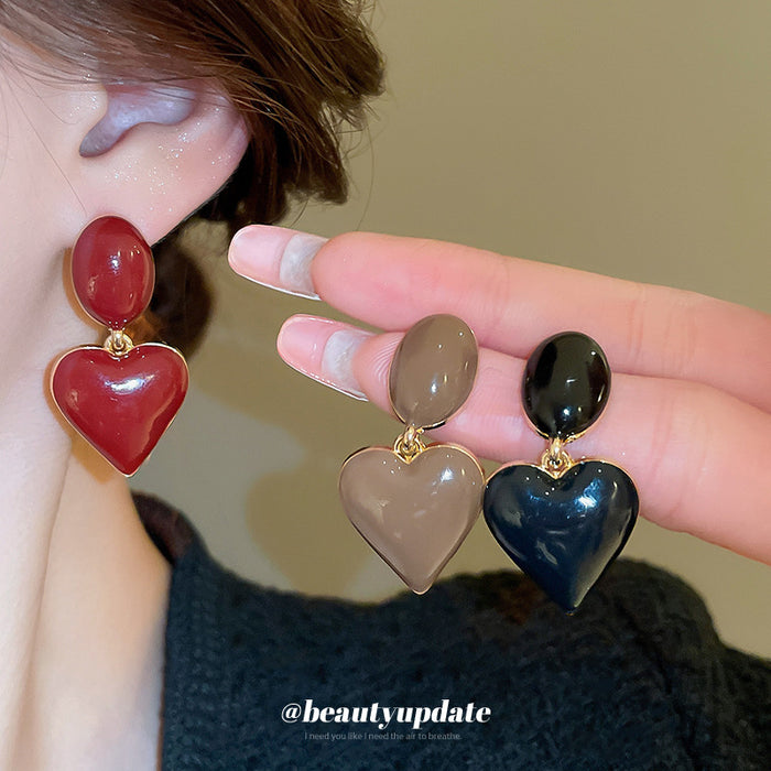 Glossy Red Double Heart Drop Stud Earrings with Gold Tone Trim