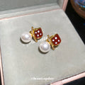 Red Enamel Square and Faux Pearl Drop Huggie Earrings view 4