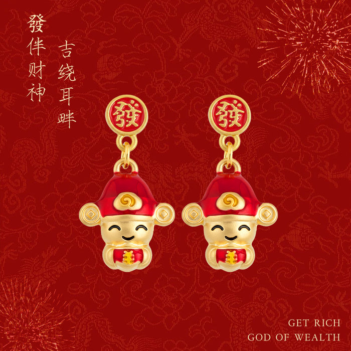 Gold Fa Stud Red Enamel God of Wealth Drop Earrings Pair